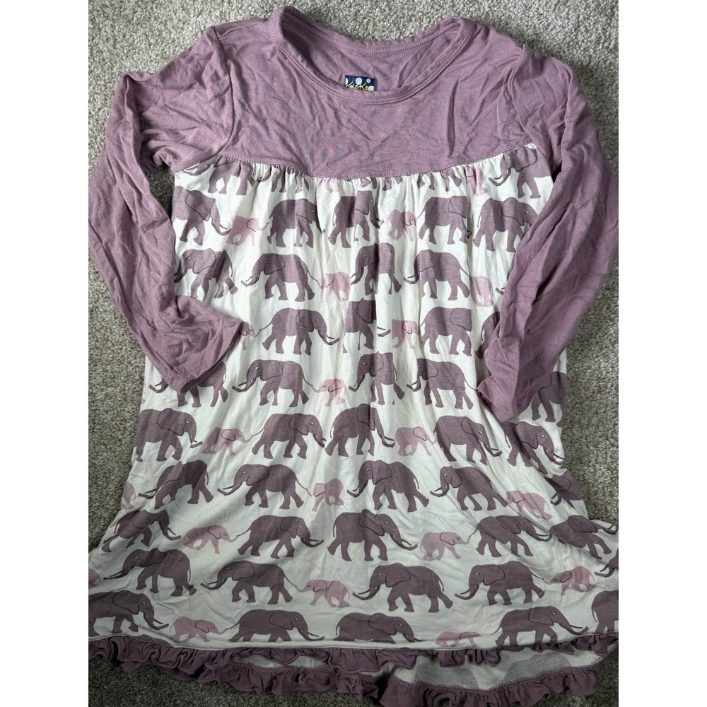 KicKee Pants Purple Long Sleeve Swing Dress Elephants Extra Small 5/6
